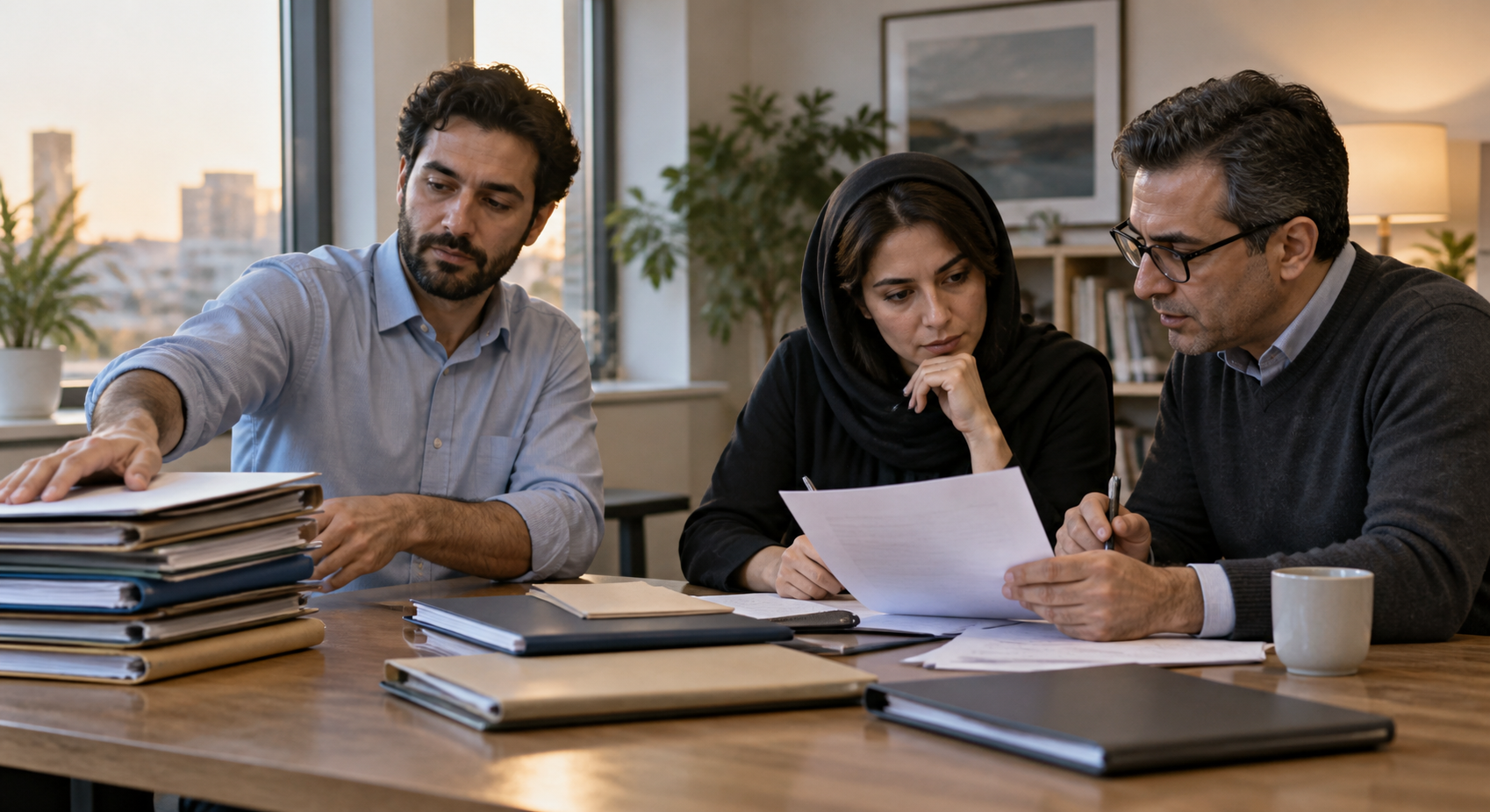 سه همکار در حال اولویتبندی پروندهها و بررسی یک سند کنار میز جلسه