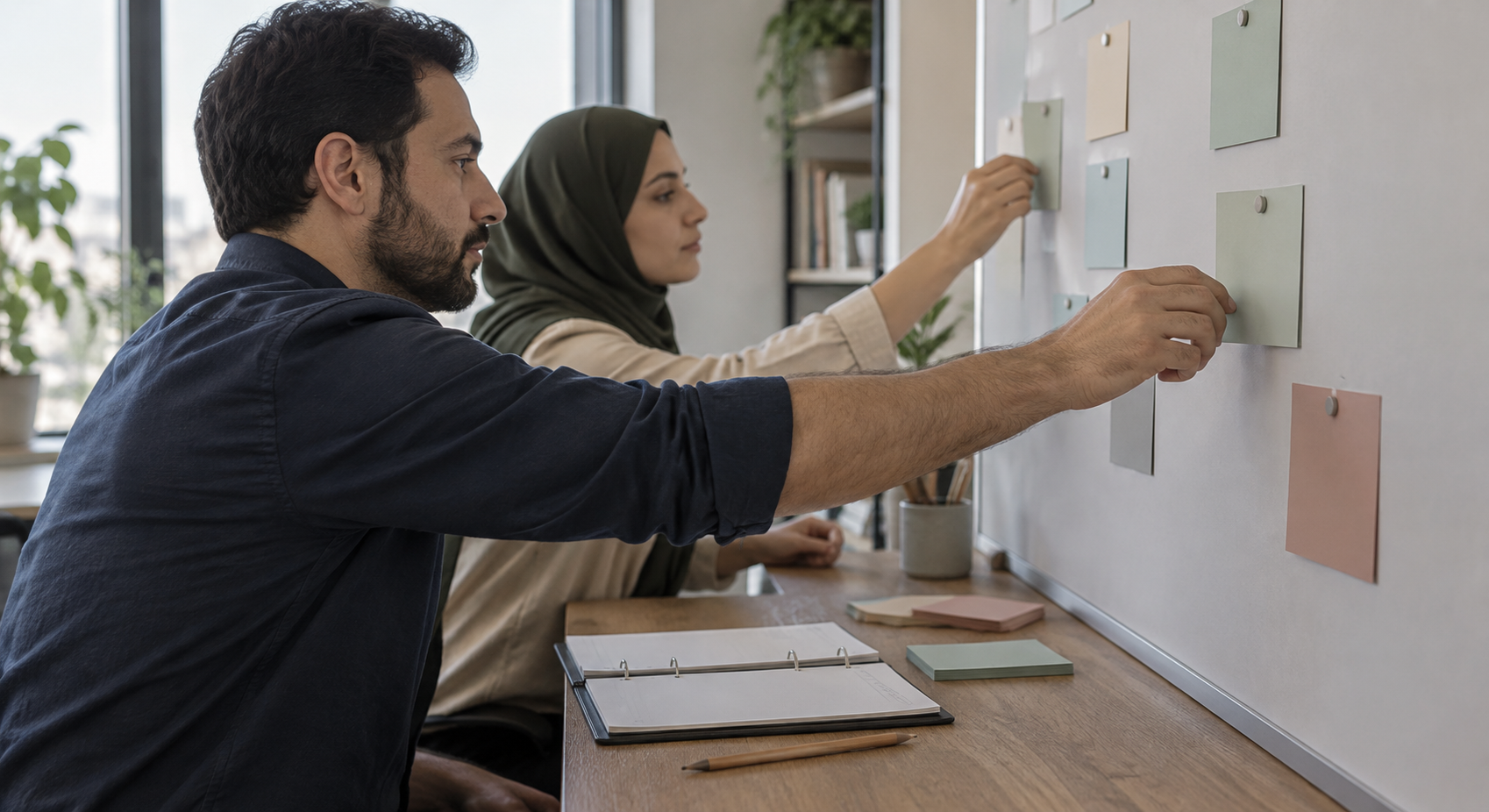 دو همکار در حال تنظیم اولویتها با کارتهای رنگی روی تابلوی برنامهریزی